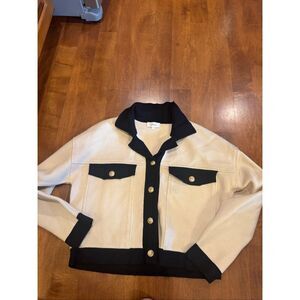 Böhme Cream Black Knit Cardigan Jacket S/M Gold Button Cropped Preppy Contrast T